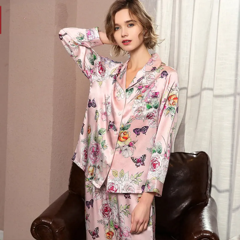 Womens Pajamas Set 100% Natural Silk Pajamas Top & Bottom Two-piece Suit Long Sleeve Floral Print Pyjamas Set Size M L XL XXL