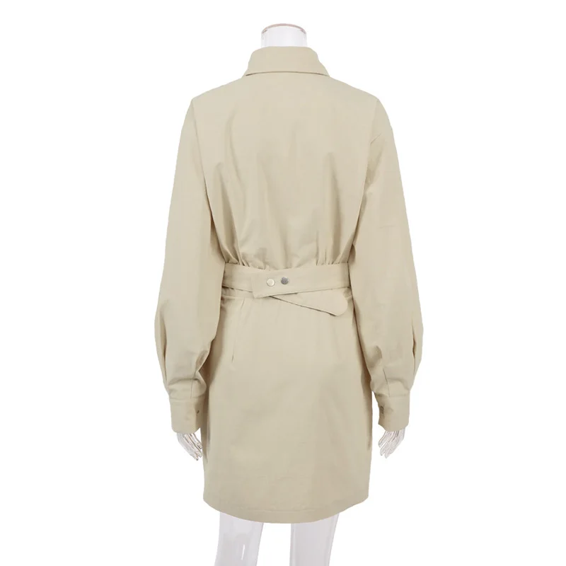 

Solid Office Work Shirt Dress Women Female Lapel Lantern Sleeve Casual Patchwork Ladies Khaki Pocket Sashes Elegant Short Dress