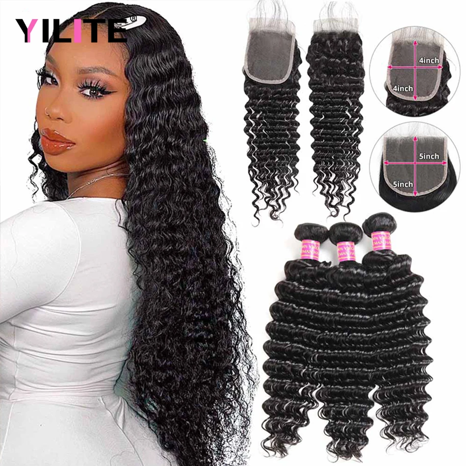 

3 Bundles With 4x4 Lace Closure Natural Black Brazilian Human Hair Bundle Deals With Closure Sale Deep Wave Remy Hair Extension