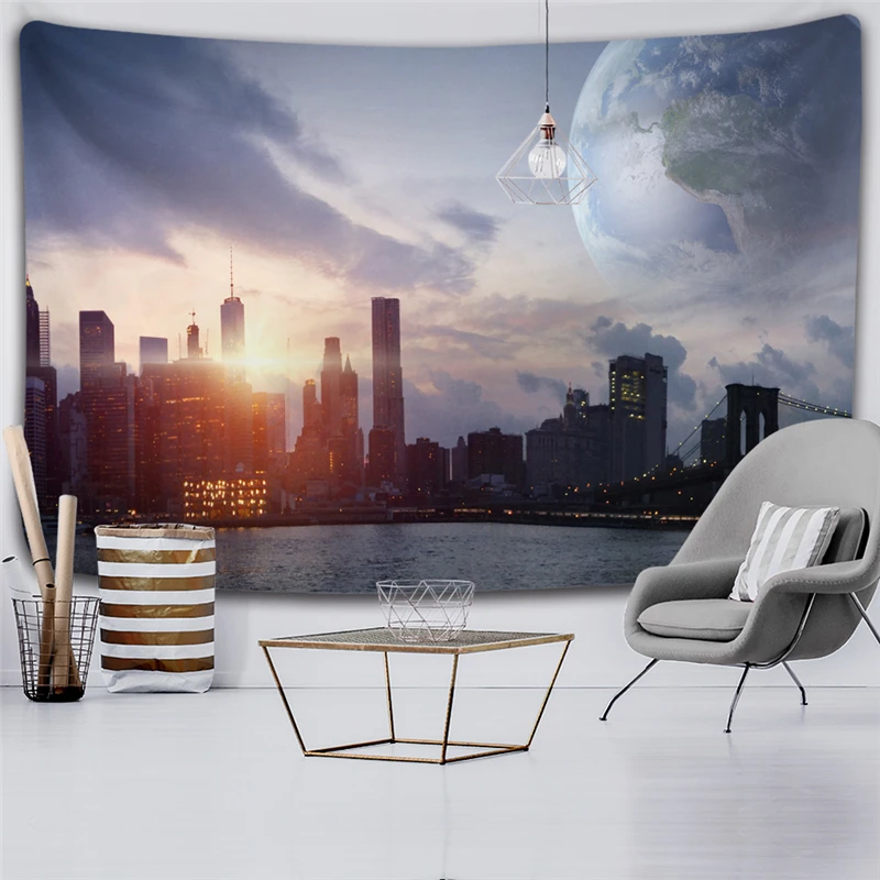 

Mysterious Planet City Starry Sky Space Tapestry Wall Hanging Cheap Large Psychedelic Star Tapestry Wall For Bedroom Beach Towel