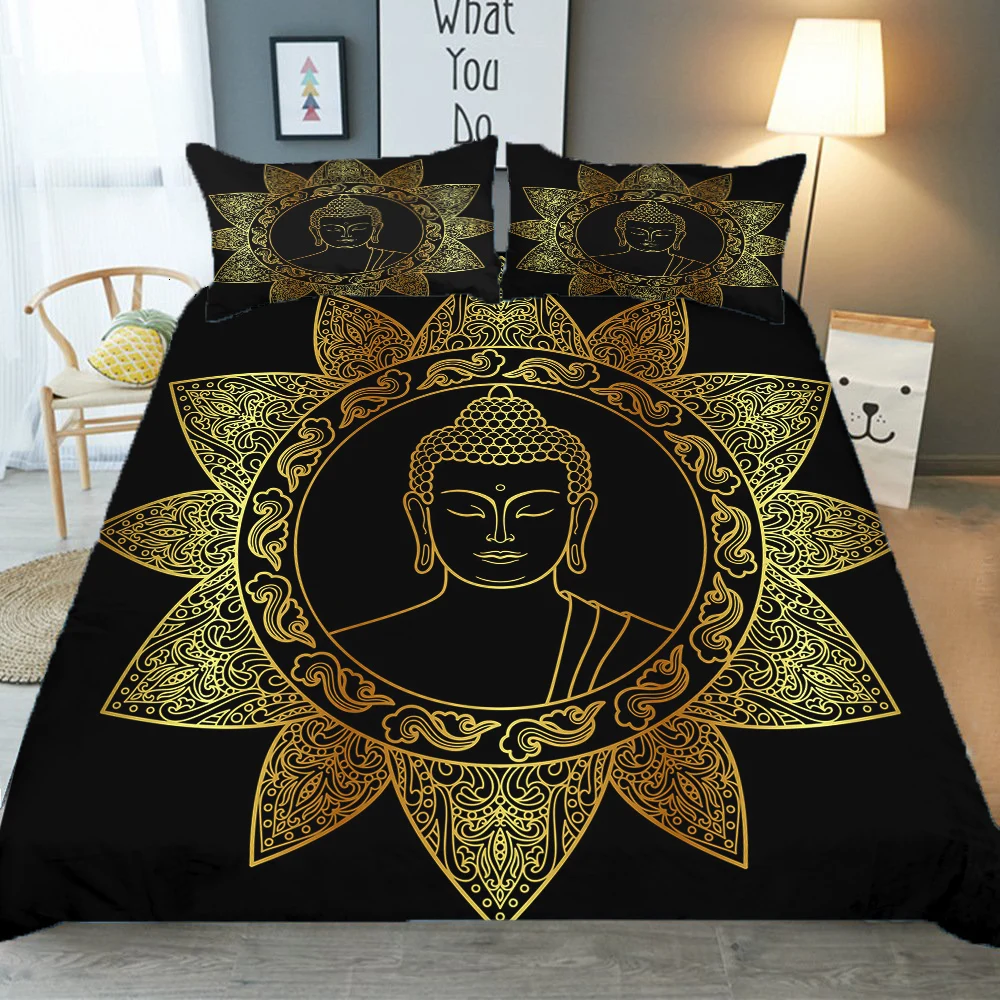 

Комплект постельного белья, 3D золотая статуя Будды, одежда для спальни с принтом, пододеяльник, размеры набор домашнего текстиля King Queen