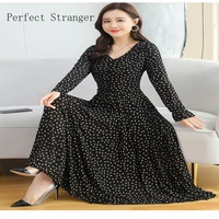 2021 autumn new arrival elegant korean high quality hot sale v collar dots printed long sleeve chiffon women long dress