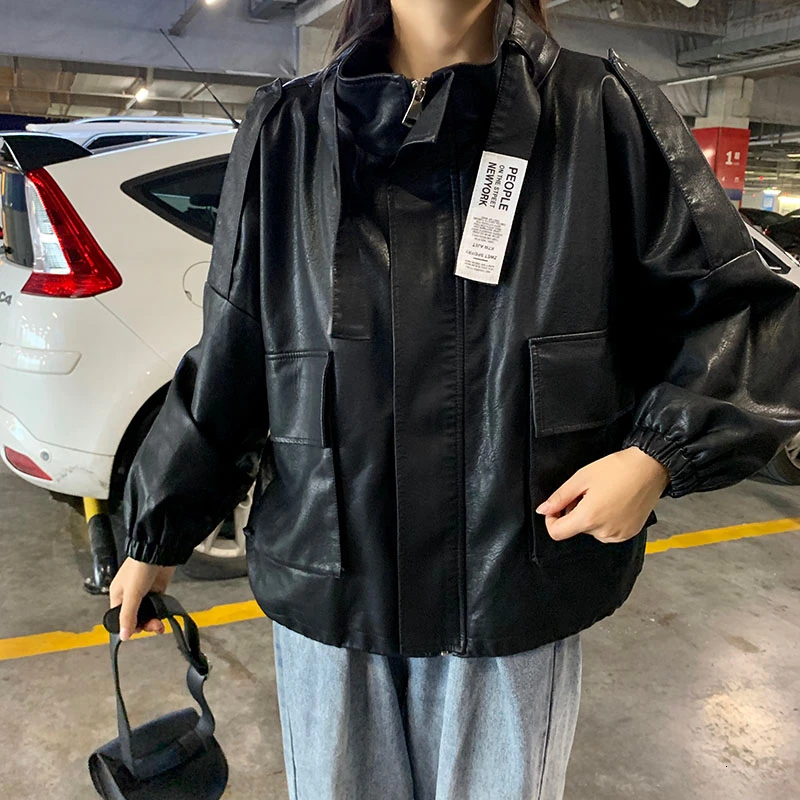 Куртка женская оверсайз из искусственной кожи мягкая винтажная Байкерская