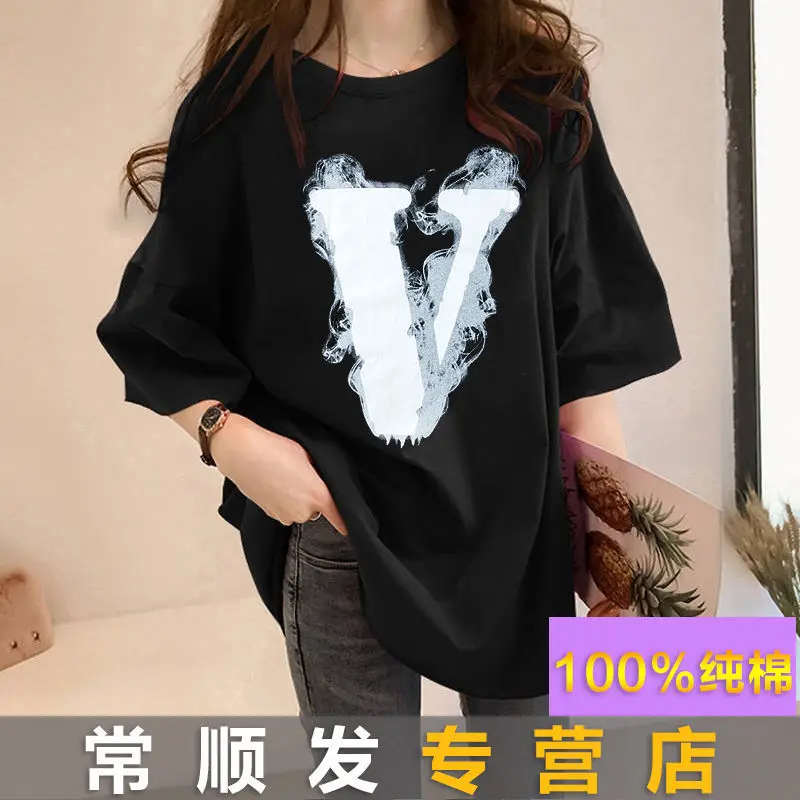 

Cotton women's 2021 new printed short sleeve T-shirt Korean loose half sleeve summer mid long
