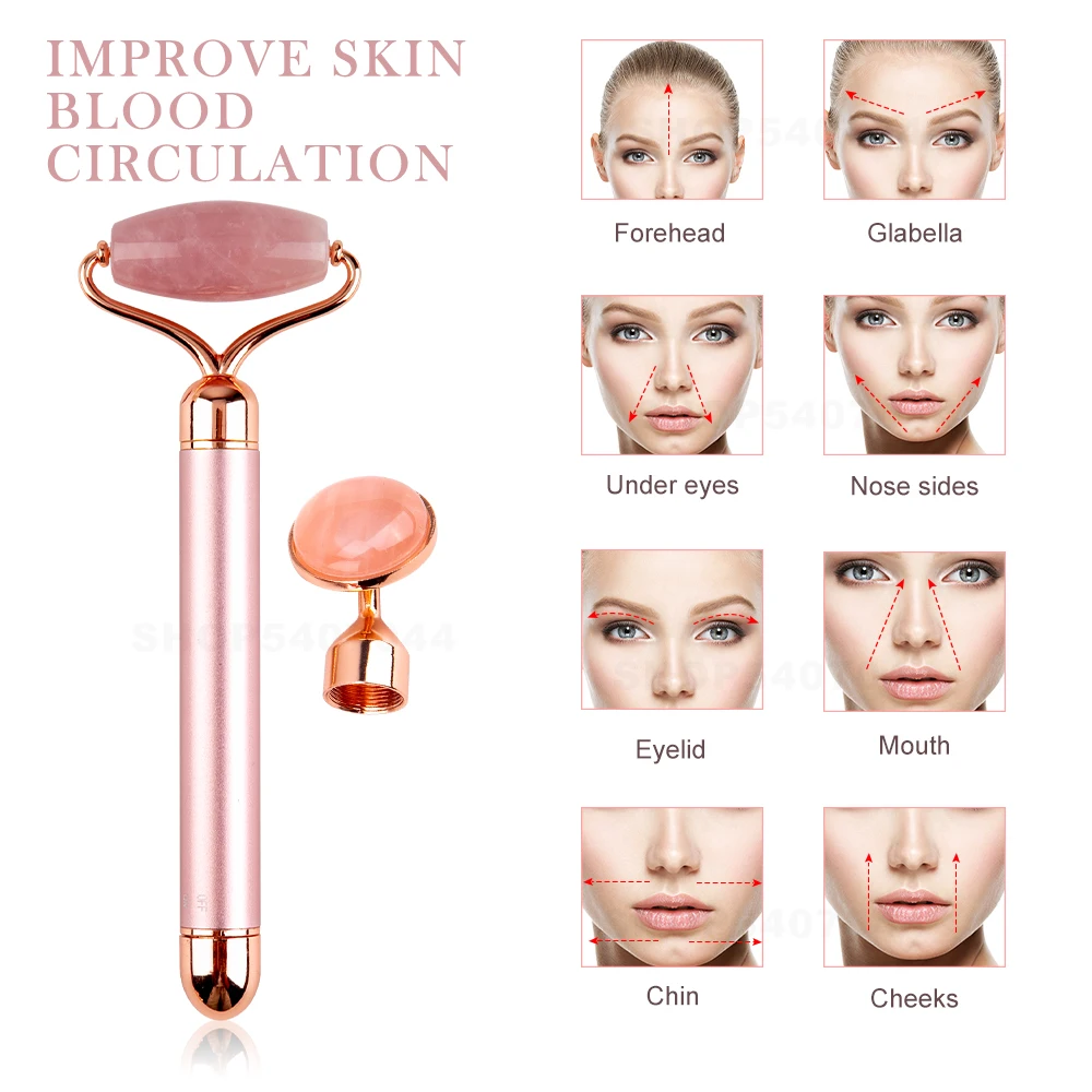 

Electric Jade Roller Slimming Face Massage Lifting Vibrating Natural Rose Quartz Genuine Green Jade Stone Facial Beauty Tool