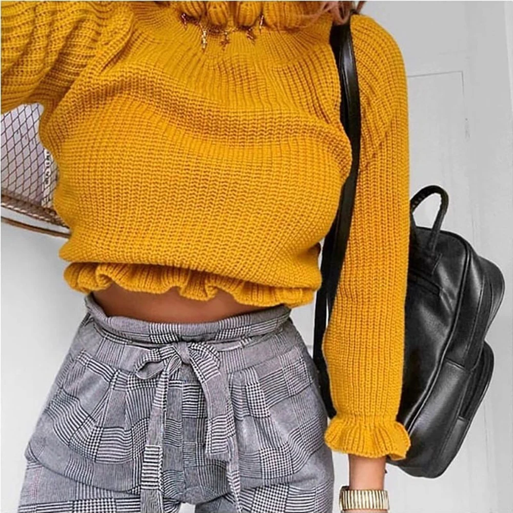 Оборки женские свитера с высоким воротником осень зима 2020 Вязанная одежда