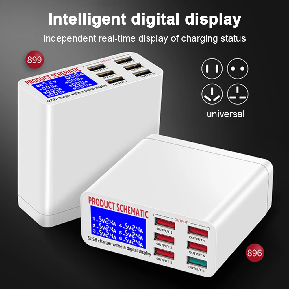 

FLOVEME 6 Ports 8A QC3.0 USB Charger with LCD Display Desktop Mobile Phone Charger Smart Fast Charging for Smart Phone Tablet PC