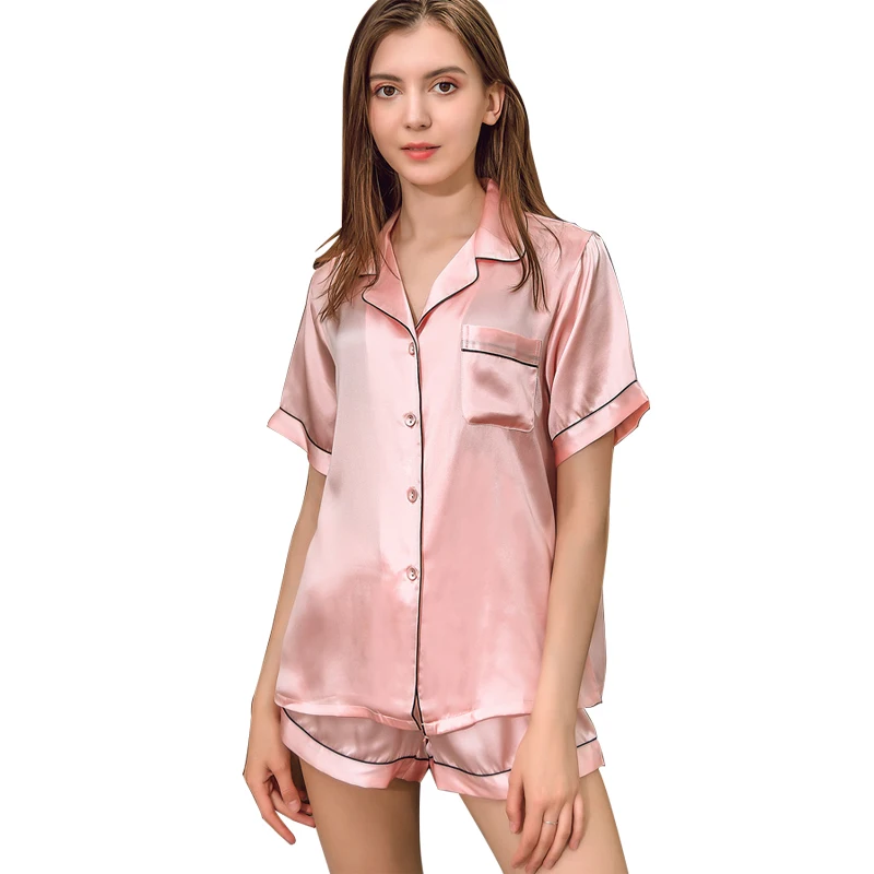 Womens Silk Satin Pajamas Set Short Solid Home Suit Sleepwear Summer Cardigan Plus Size Women Pyjamas Sets Cute Satin Nightgown