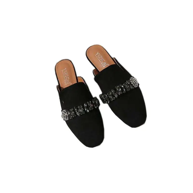 

2020 New Women Diamond Slippers Summer Ladies Toe-covered Half Slippers Flat Outer Wear Muller Lazy Sandals Women Banquet Shoes