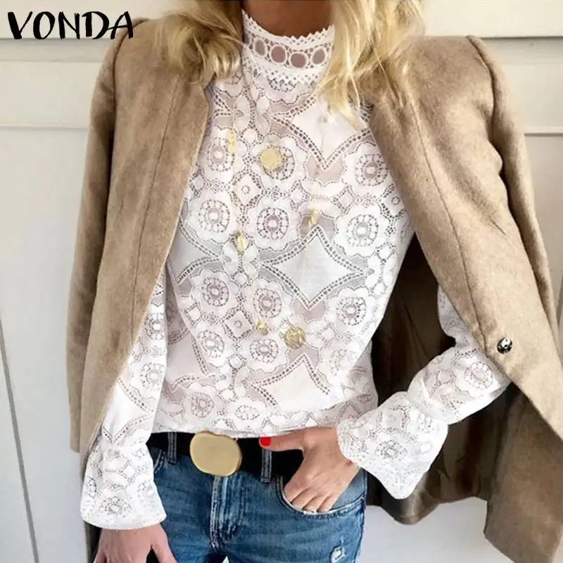 Кружевные белые блузки VONDA 2020 сексуальные повседневные рубашки с круглым вырезом