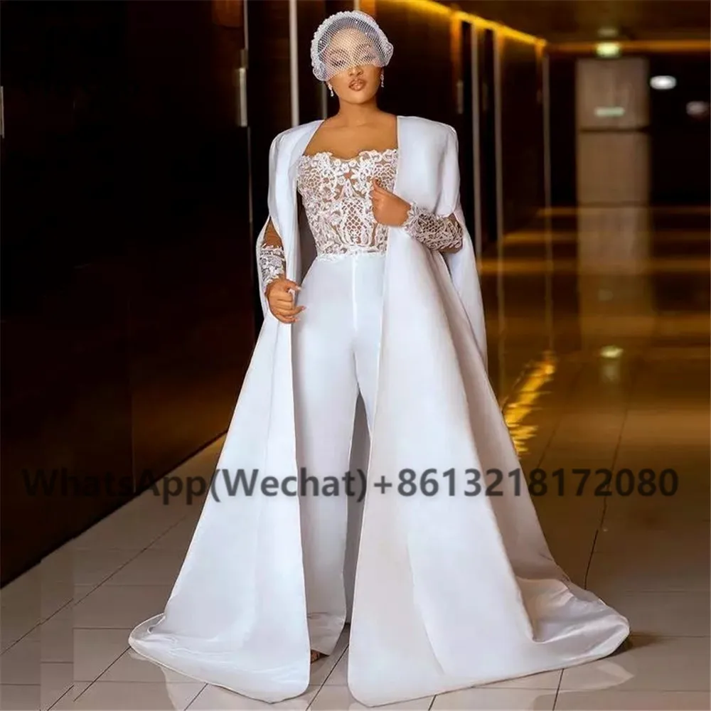 2021 White Jumpsuit Wedding Dresses with Shawl A-Line Bridal Gowns Long Sleeves Floor Length Hard Satin Boho vestido de