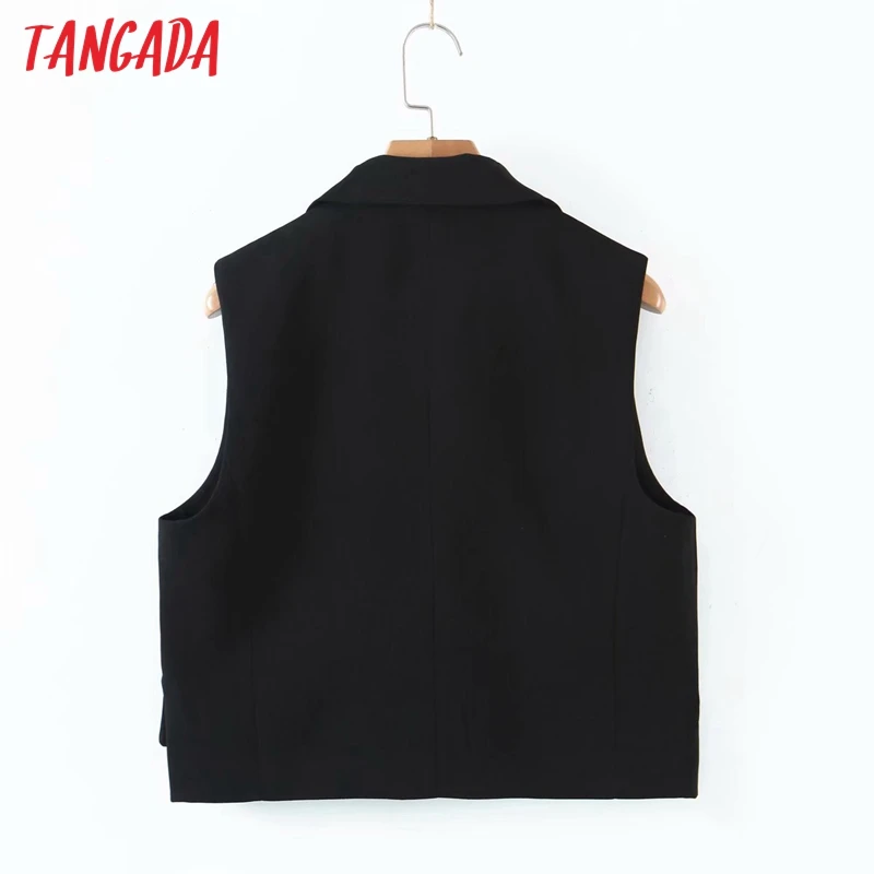 

Tangada Women Black Double Breasted Crop Vest Jacket Ladies Wear Casual Suit Waistcoat Pockets Outwear Tops QD03