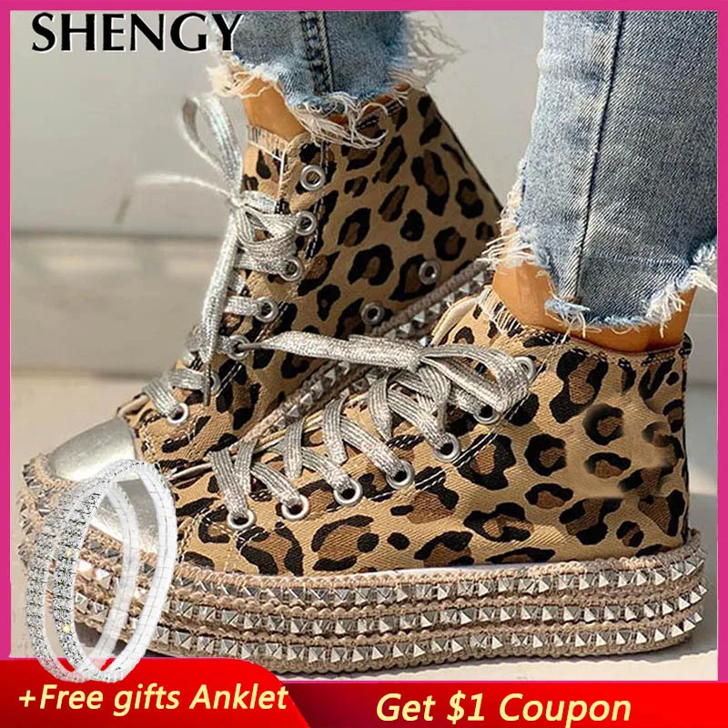 Женские леопардовые парусиновые туфли SHENGY повседневные женские на плоской