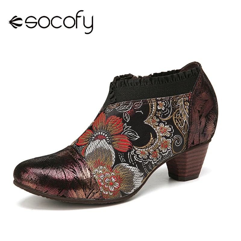 

SOCOFY Ankle Boot Vintage Leather Flowers Embroidery Splicing Side Zipper Chunky Heel Pump Classical Elegance Women's shoes 2020