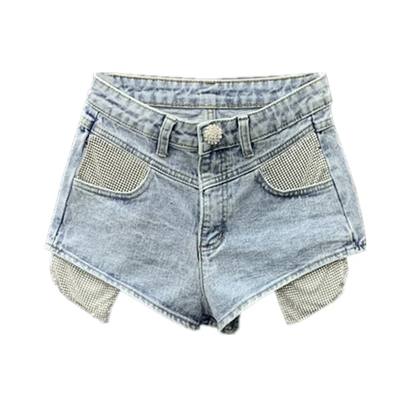 

[DEAT] Korean Fashion Iron Drill A-line Wide Leg Pants Leak Pocket Wash Light Blue Jeans Hot Shorts Women 2021 Summer GX469