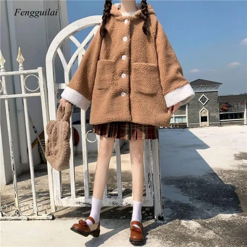 

Autumn Winter Lamb Fur Coat Japanese Cute Rabbit Ear Plus Size Fashion Top Women Clothing Oversize Clothes Colorblock Kwaii