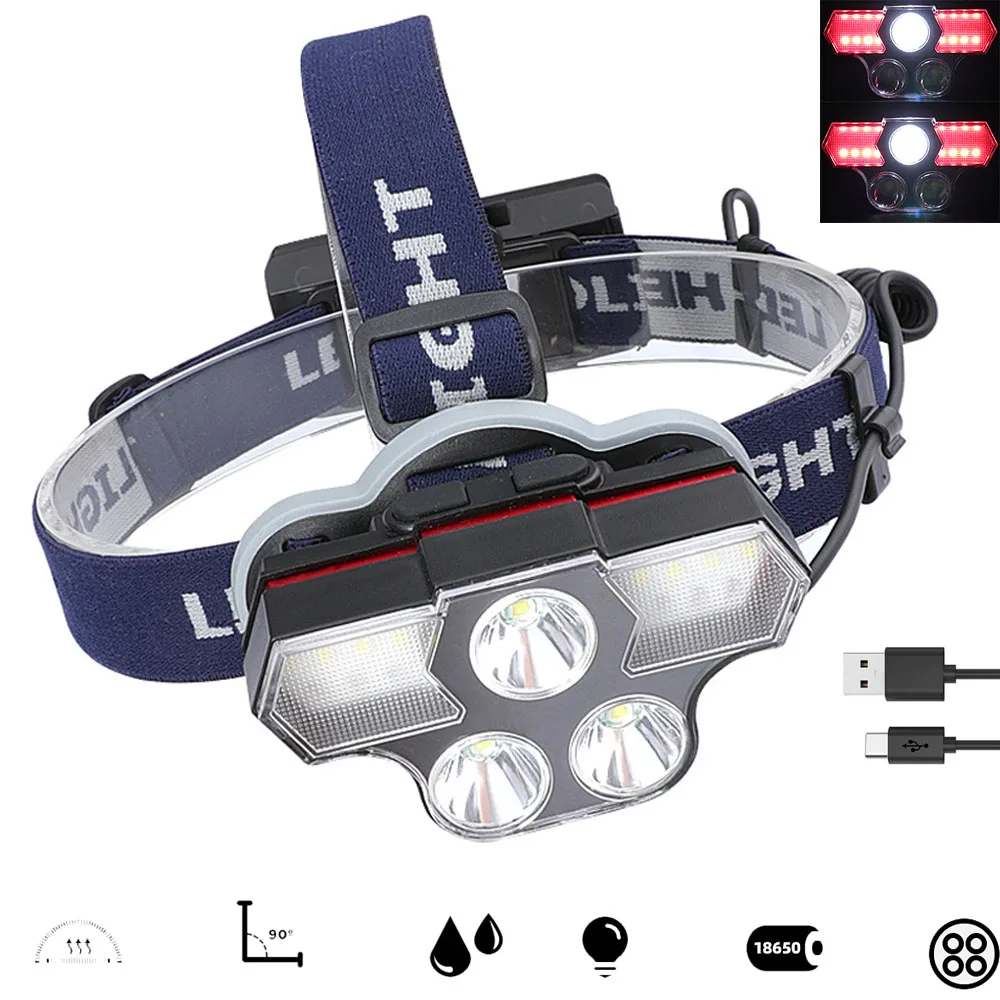 

40W XM-L T6 COB 5LED Hunting Headlamp Spotlight 18650 Camping Emergency Head Torch Flashlight 6Modes Red Strobe Warning Light