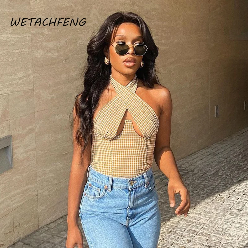 

Sexy Plaid Women's Crop Top Halter Backless Hollow Out Streetwear Y2k Fashion Tank Tops Tee Female Bodycon Bustier Clothing