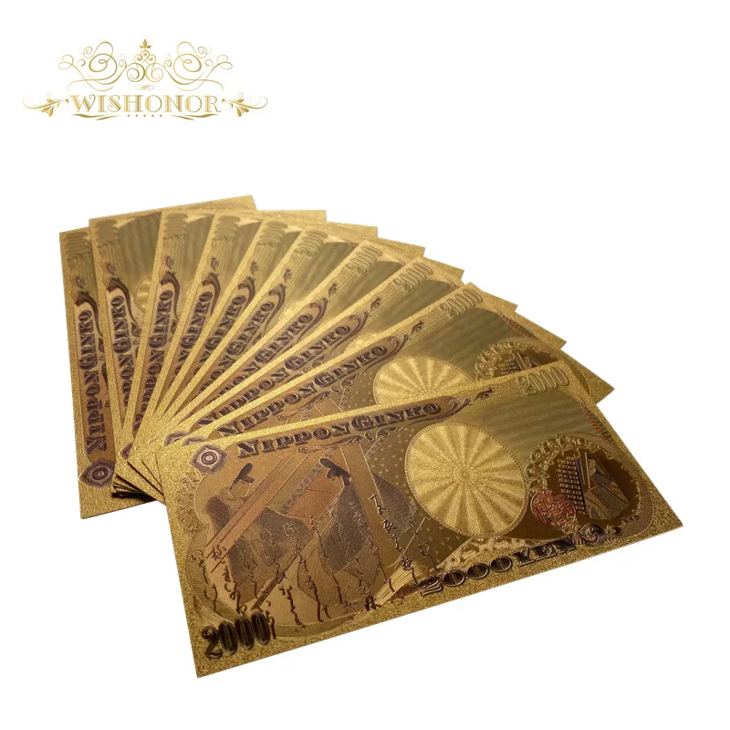 

100Pcs/lot New Gold 999 Color Japan Banknote 2,000 Yen Banknotes in 99.9% Gold Plated Fake Paper Money For Collection