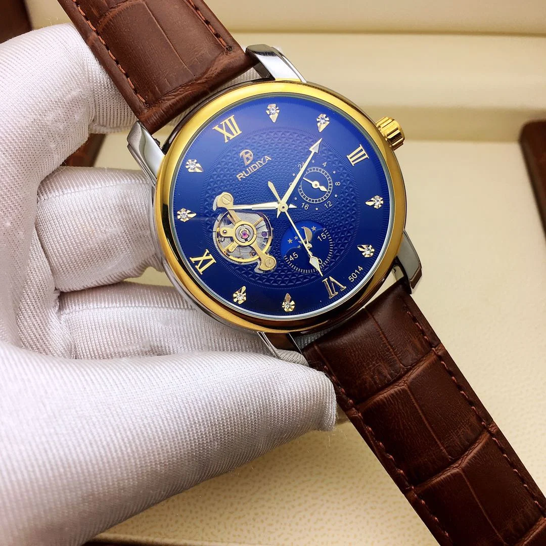 

Hot sale in gold style, simple round hollow men's mechanical watch with solid steel band 2021 new casual fashion business