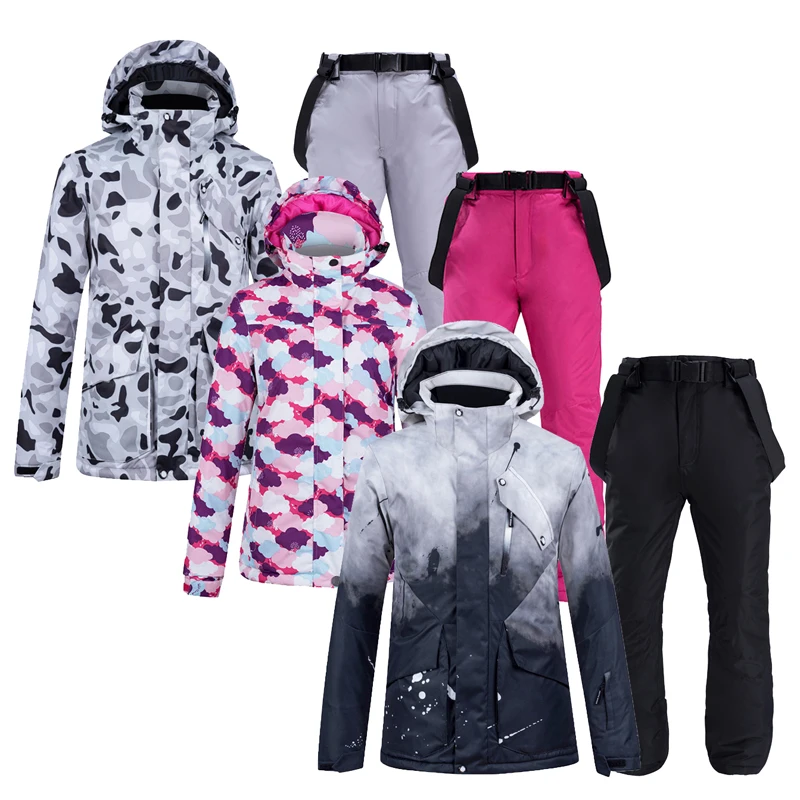 -30 Black Women's Snow Suit Wear Snowboarding Clothing Waterproof Windproof Winter Outdoor Costume Jackets Ski Coat + Strap Pant |