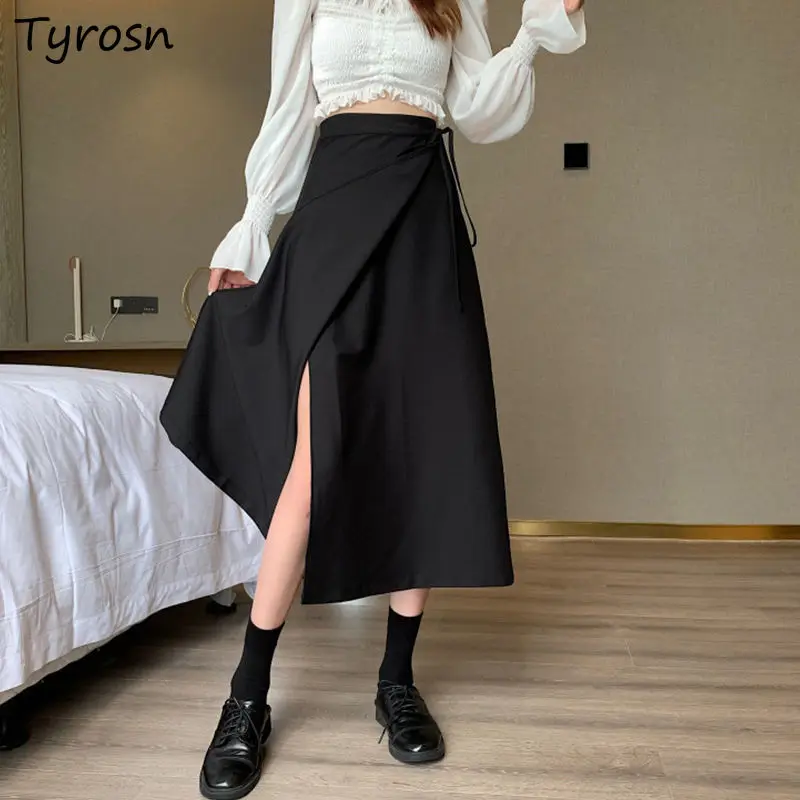 

Irregular Skirts Women Design Bandage Streetwear Elegant Solid Black All-match Empire Midi Skirt Mujer Korean Fashion Hot Sale