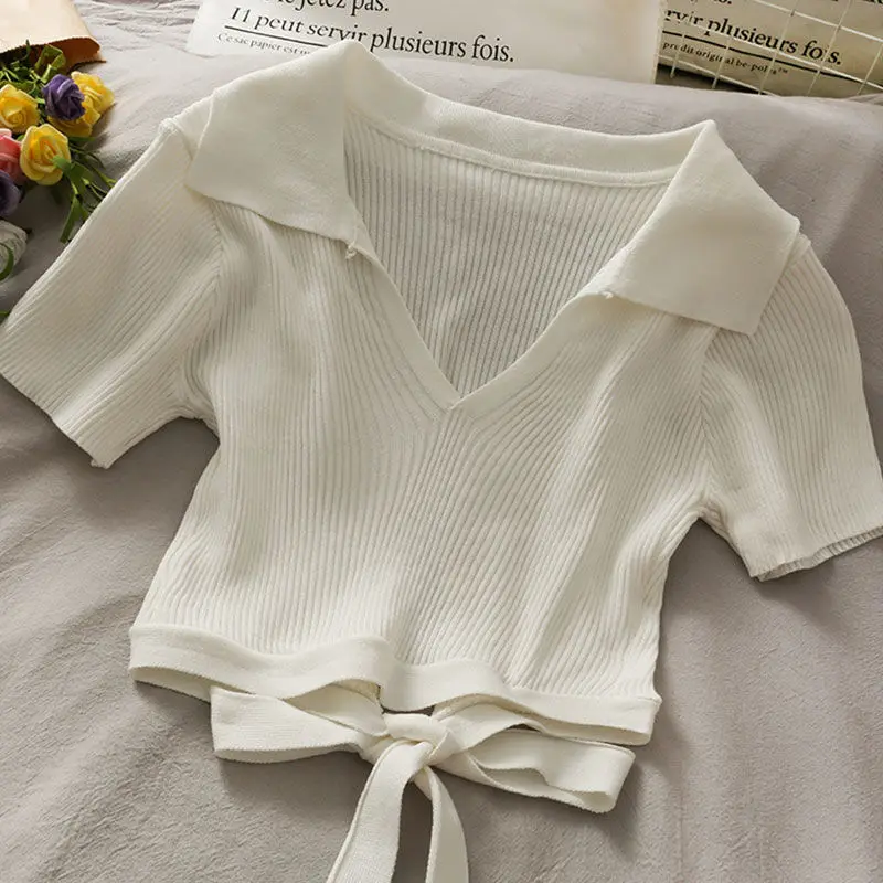 Укороченный топ женские рубашки-поло летняя футболка с коротким рукавом Женская