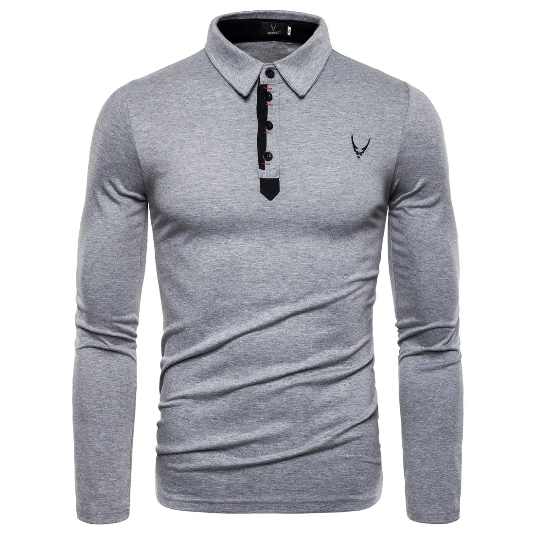 Drop Shipping New Fashion Long Sleeve T Shirt Men Casual Embroidery Slim Fit Men's Tees Solid Turn-down Collar T-Shirts Men