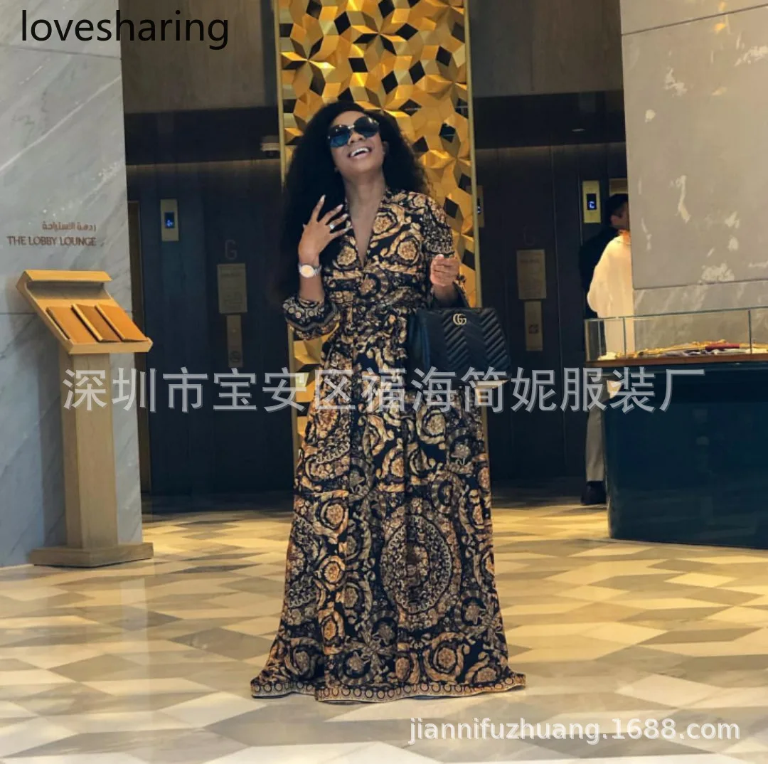 Платье с v-образным вырезом модным принтом большое свободное платье длинным
