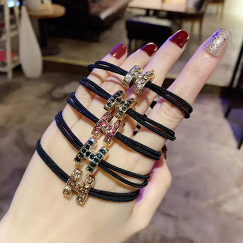 

3 Pcs / Set Black Line Letter H Full Diamond Hair Ring Rubber Band Net Red High Elastic Head Rope Female Simple Temperament