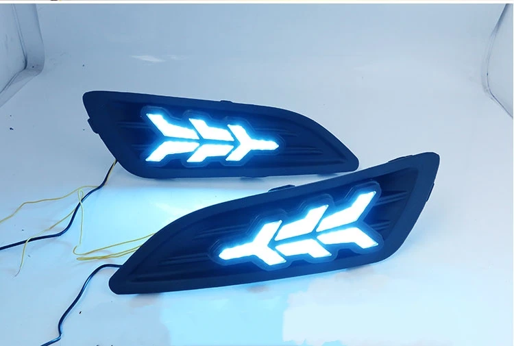 EOsuns led drl дневные ходовые огни для Ford Fiesta 2013- с динамическим движущимся желтым поворотным сигналом и синим ночным светом