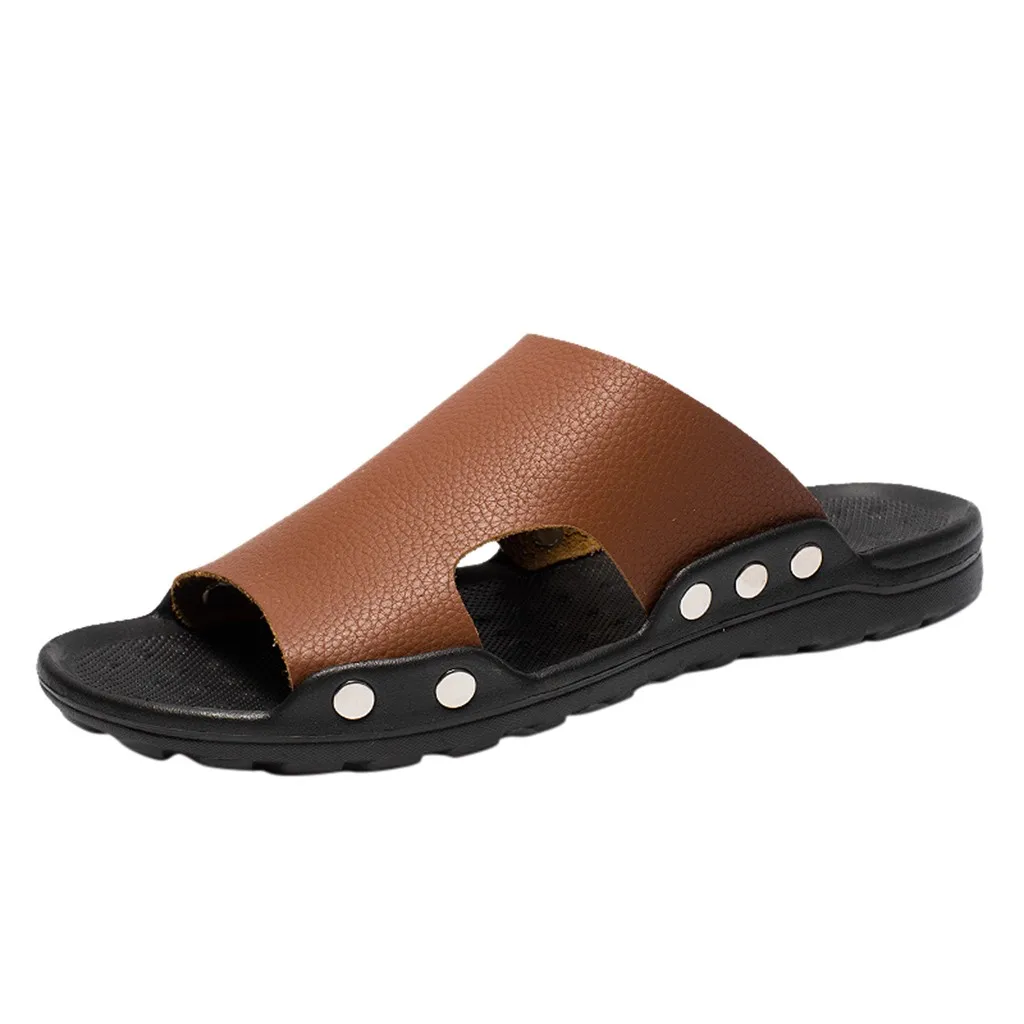 Мужские кожаные шлепанцы пробковые пляжные Тапки с открытым носком однотонные