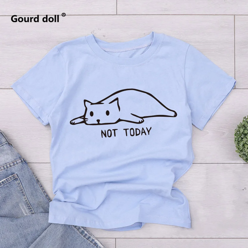 blue1 Футболка с надписью «Cat not today», Женская Повседневная забавная футболка для девушек, летняя футболка, kawaii tumblr, футболки размера плюс - Цвет: blue1