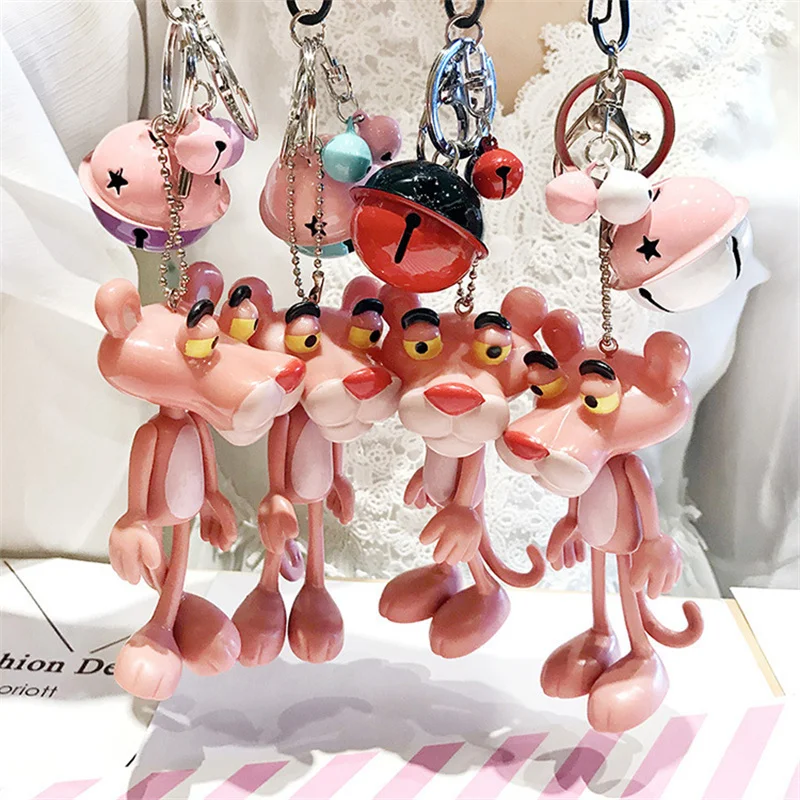 

Cartoon Anime Pink Panther Keychain Cute Animal Decoration Bell For Women Bag Charm Pendant Keyring Accessories Trinkets Gifts