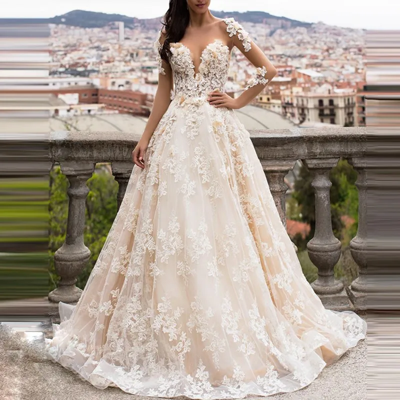 

casamento Beaded Wedding Gowns Long Floral Bridal Dresses Vestido De Noiva Appliques gelinlik Wedding Dress Open Back Custom