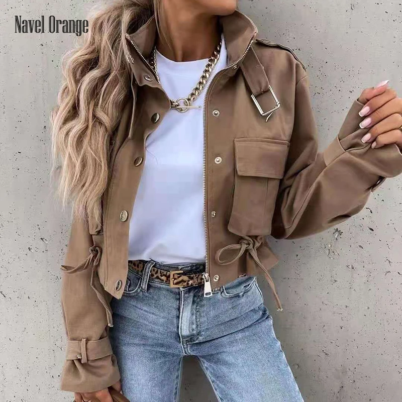 

Women Casual Drawstring Zipper Buckle Windbreaker Coat Spring Autumn Long Sleeve Ladies Trench Solid Pocket Streetwear Outerwear