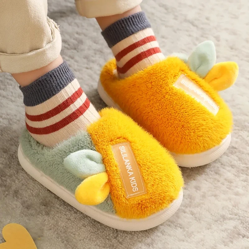 Girls winter fashion rabbit ears slippers children plush warm floor shoes boys toddler fluffy slippers 2021