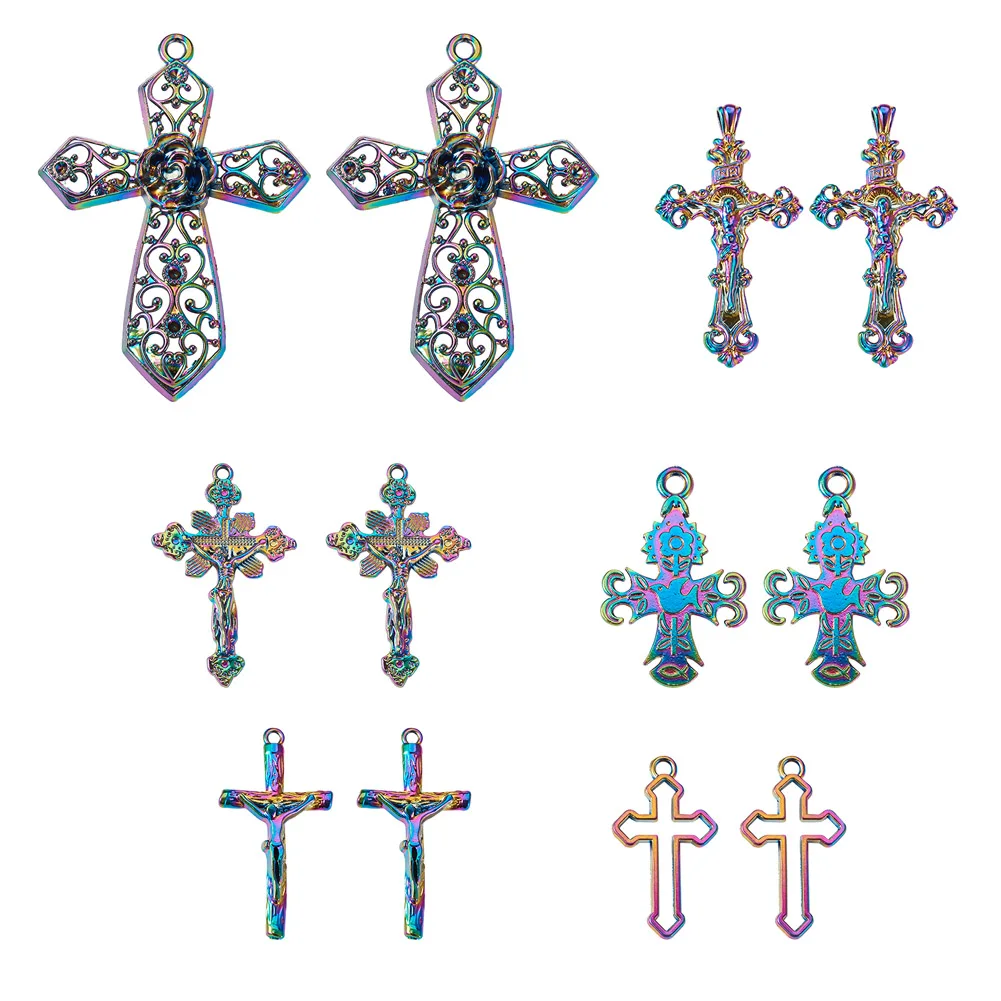 

12 шт. многоцветные подвески из сплава в виде креста-распятия, филигранные подвески в форме святого Иисуса, кресты для ожерелий, серег, изгото...