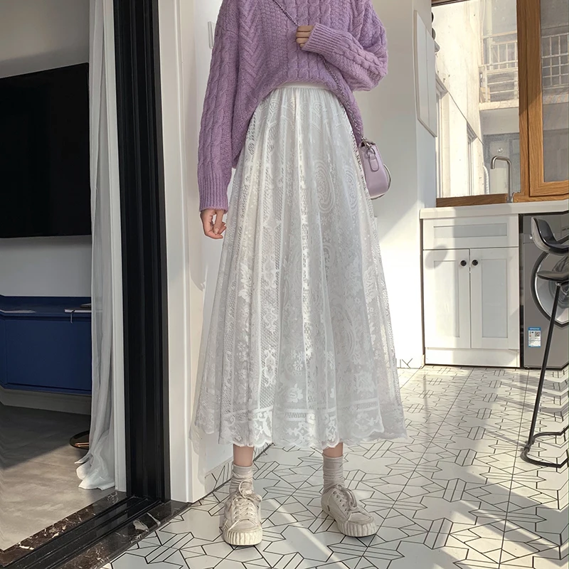 

Elastic High Waist Lace Skirts Women Spring Summer Skirt 2020 Korean Elegant Casual A-line Black Apricot Long Maxi Skirts X091