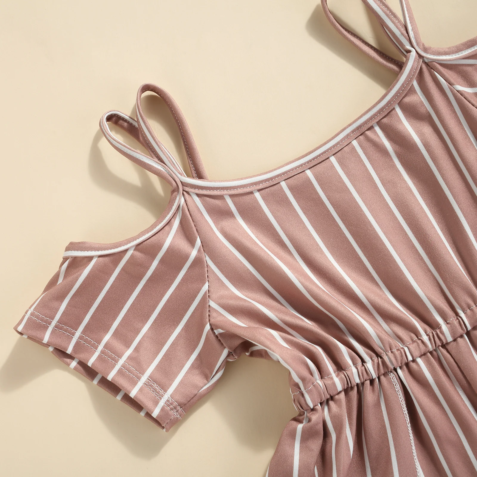 

2021 Summer Girls Casual Overalls, Dark Pink Stripe Printed Pattern Boat Neck Short Sleeve Dress