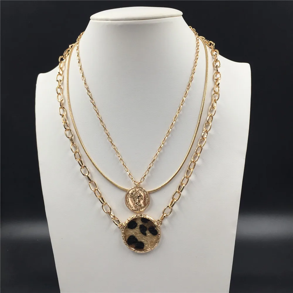 Bijoux femme феминистское монета золотого цвета с леопардовым принтом круглое дисковое змеиное многослойное ожерелье из цепочек для женщин сексуальное классическое великолепное
