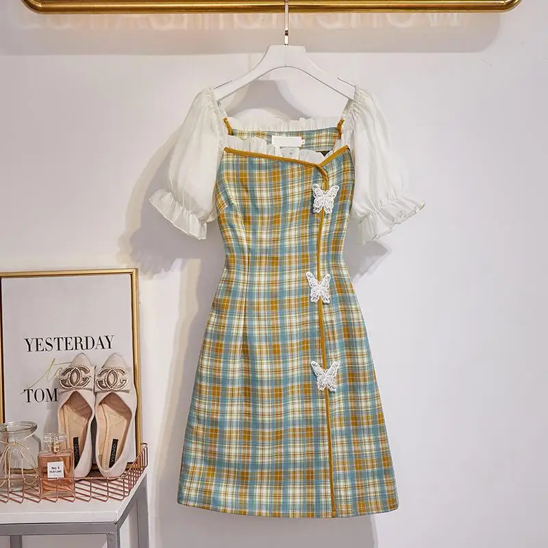 

ICHOIX vintage plaid mini summer dress 2020 butterfly Cheongsam slim women dress elegant puff sleeve bandage pencil dress