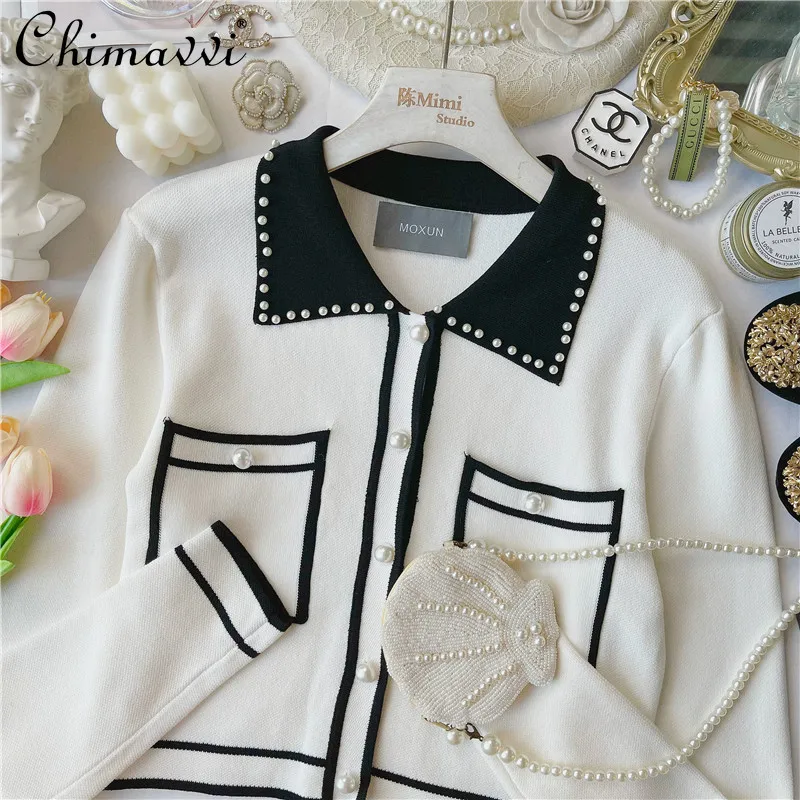 

Вязаный кардиган контрастных цветов с лацканами и бусинами, женская одежда во французском стиле, новинка сезона осень 2021, облегающий свитер...