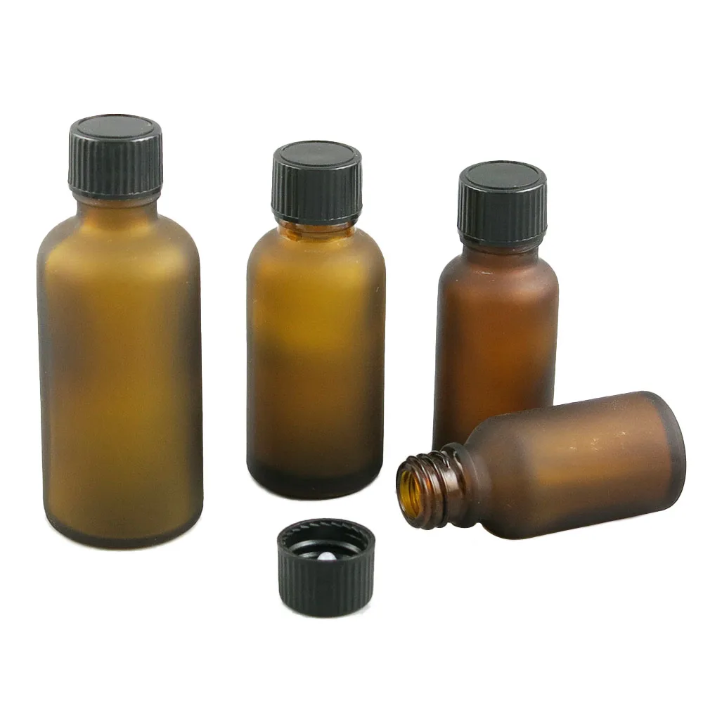 

360pcs Wholesale Essential Oil Frost Amber Glass Bottle with Plastic Black Cap e Liquid Vial 5ml 10ml 15ml 20ml 30ml 50ml 100ml