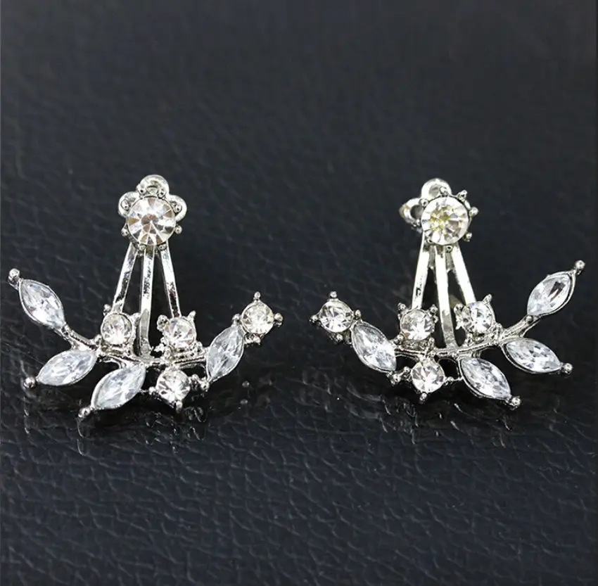 Silver Модные серьги в виде листьев, ветви цветов, стразы, кристалл, серьги-гвоздики, свадебные кривые, серебряные, золотые, цветные циркониевые серьги для женщин - Окраска металла: Silver