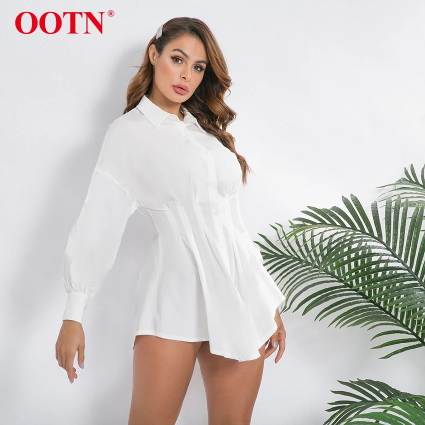 OOTN отложной воротник офисная рубашка платье дамы фонарь с длинным рукавом Элегантная плиссированная Туника белые женские платья осень