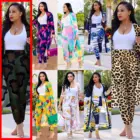 Женский комплект из 2 предметов, пальто с длинным рукавом и длинные брюки с принтом, размера плюс