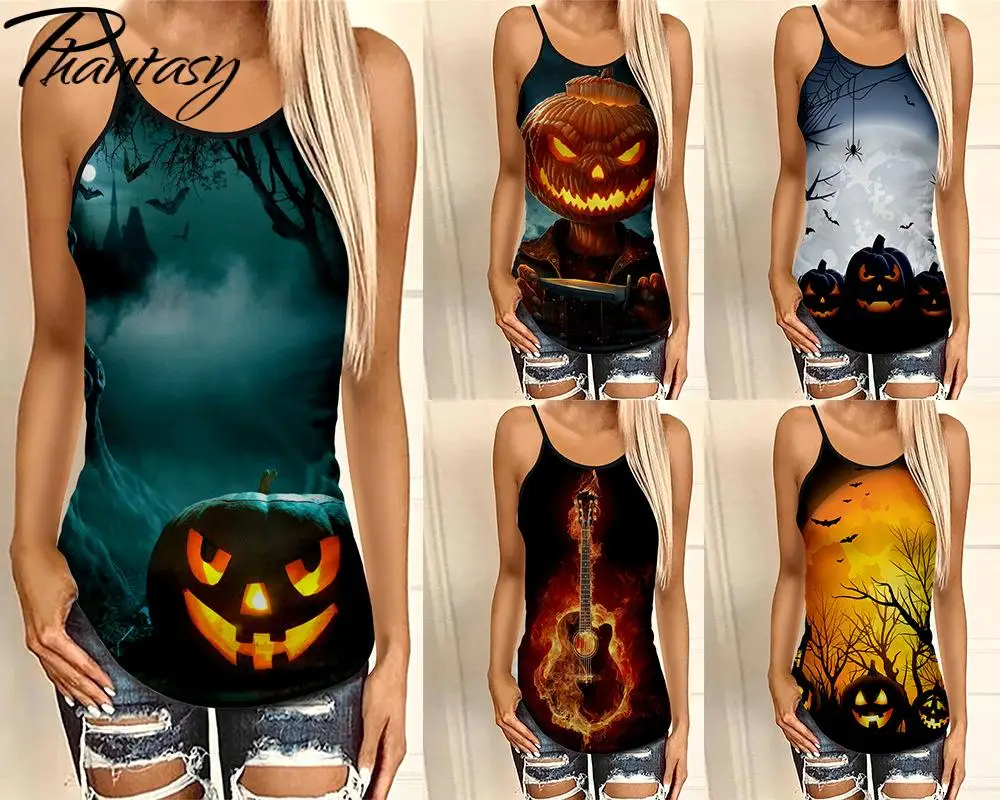 

Phantasy Halloween Pumpkin Printing Women Sleeveless Tops Sexy Back Hollow Out Slim Sling Summer Fashion Casual Plus Size Camis