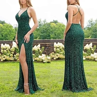 sexy backless mermaid evening dresses 2021 v neck high split spaghetti straps sequins prom dresses sleeveless long party gowns