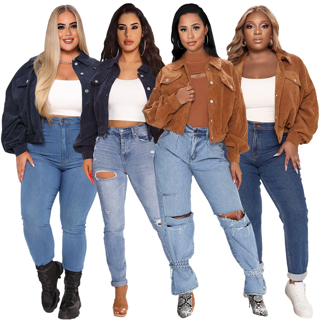 

Fashion Women Corduroy Lantern Long Sleeves Lapel BF Style Jacket Fall Winter Elegant Solid Color New Loose Casual Short Jackets
